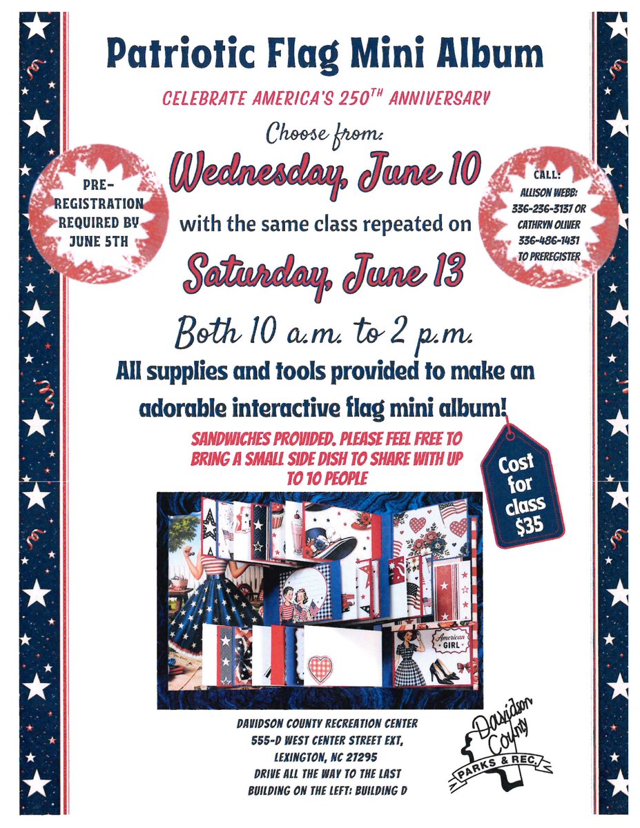 DCParksRec's tweet photo. Join us for the Patriotic Flag Mini Album Class and create an adorable interactive flag-themed scrapbook album. All supplies and tools are provided, so just bring your creativity and enjoy a day of crafting, food, and fun.

Click to watch video
https://t.co/l3Lq8PE2s5 https://t.co/vjNbm2PSuq