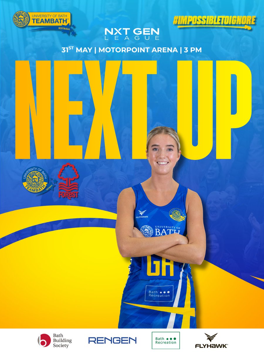TeamBathNetball's tweet photo. NEXT UP ⏭️

Our final game of the season 💙
Back on the road 🚍
🆚 @nfnetball 
🗓️ Sunday

#TeamBathNetball #BlueAndGold #Netball #nxtgen https://t.co/UWmkT3Irkq