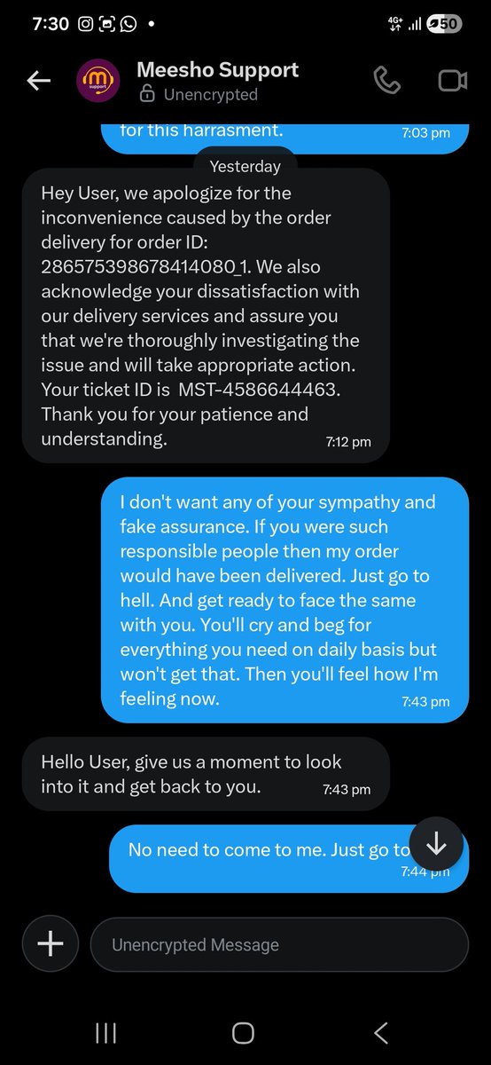 TRD_0898's tweet photo. @meesho_support How many moments you want @meesho @help_delhivery . I have been continuously complaining and you bushit people are just asking for moments. Still you have not understand the customer's issue then you better shut down your bullshit business and sit home. https://t.co/eNM7VTzW9z
