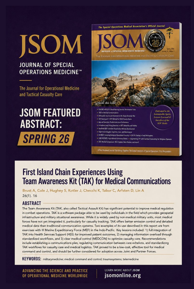 JSOMonline's tweet photo. Are current medical communication systems keeping pace with modern operational demands?
#combatmedicine #militarymedicine #SpecialForces #JournalofSpecialOperationsMedicine #JSOM #JSOMonline
https://t.co/jK26BiBSbX https://t.co/lJvNUS1r5F