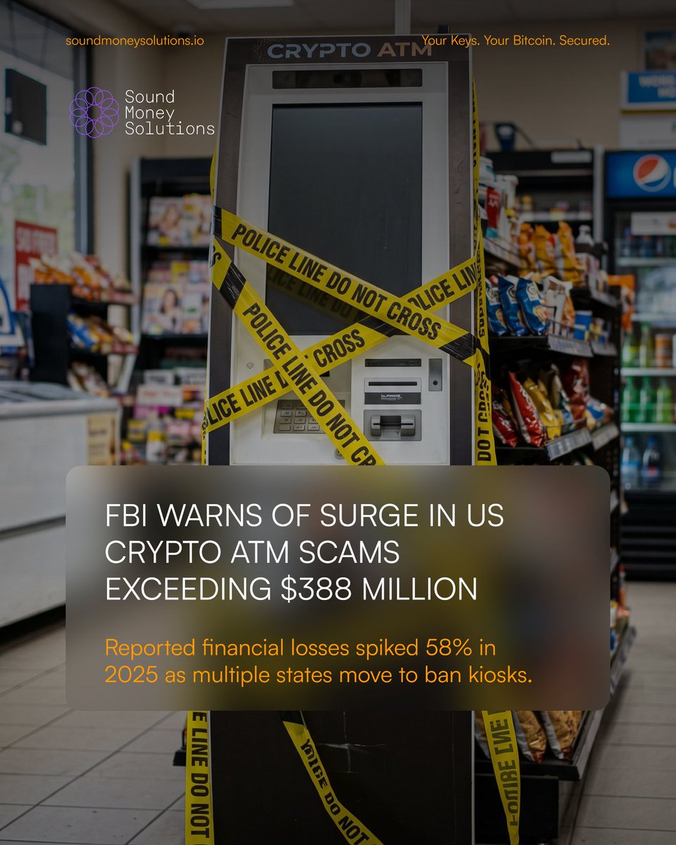Sound_Money_Sol's tweet photo. The FBI’s recent report shows a dangerous reality ⚠️

In 2025 alone, Americans lost over $388 million to crypto ATM scams, with individuals over 50 being disproportionately targeted. These crimes succeed by exploiting a lack of technical knowledge and relying on dangerous third-party intermediaries.

At Sound Money Solutions, we believe the answer isn't to fear the technology, but to master it 💪

We help you and your family build the knowledge and architecture needed to navigate the space safely, keeping your wealth secure from both digital and physical threats.

Take full control of your financial security. Book a free consultation at: https://t.co/cur6s3JAL5