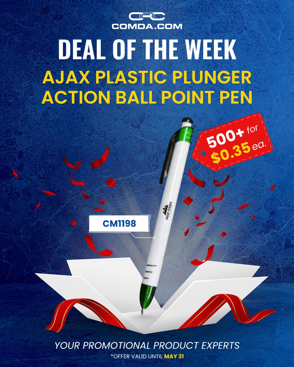 ComdaPromo's tweet photo. Meet the Ajax Pen. Its crisp white barrel and vibrant contrasting accents make your logo pop without breaking the bank. It’s the ultimate high-volume marketing tool that keeps your brand in every hand.

Shop now: https://t.co/LgvG9HN9fD https://t.co/XRBsavfkze