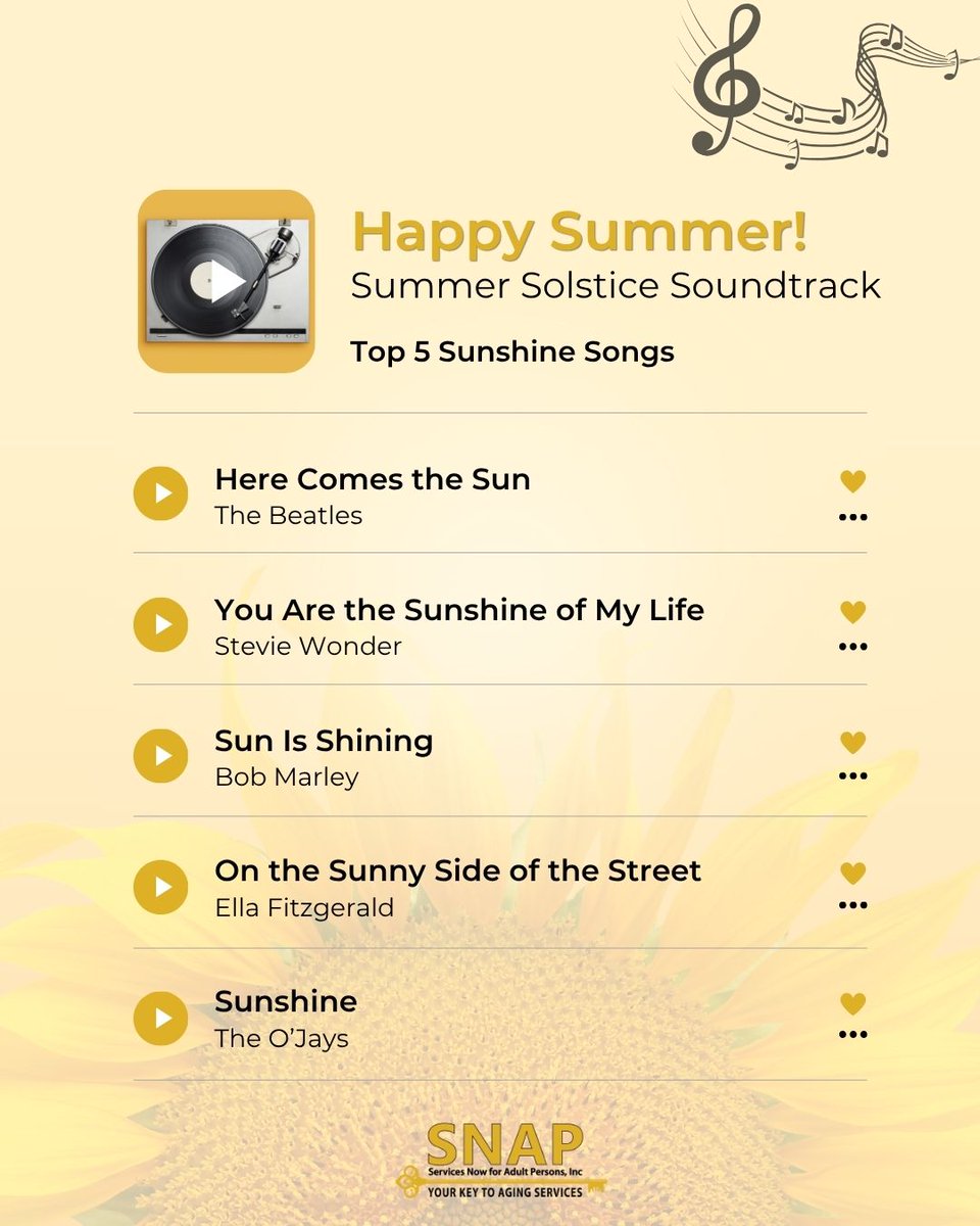 AgencySNAP's tweet photo. ☀️🎶 Happy World Music Day &amp; Summer Solstice! Music brings joy, movement, memories, and connection across generations.

What song belongs on your summer playlist? 🌻

#WorldMusicDay #SummerPlaylist #HealthyAging https://t.co/qS8Q4Vkuxt