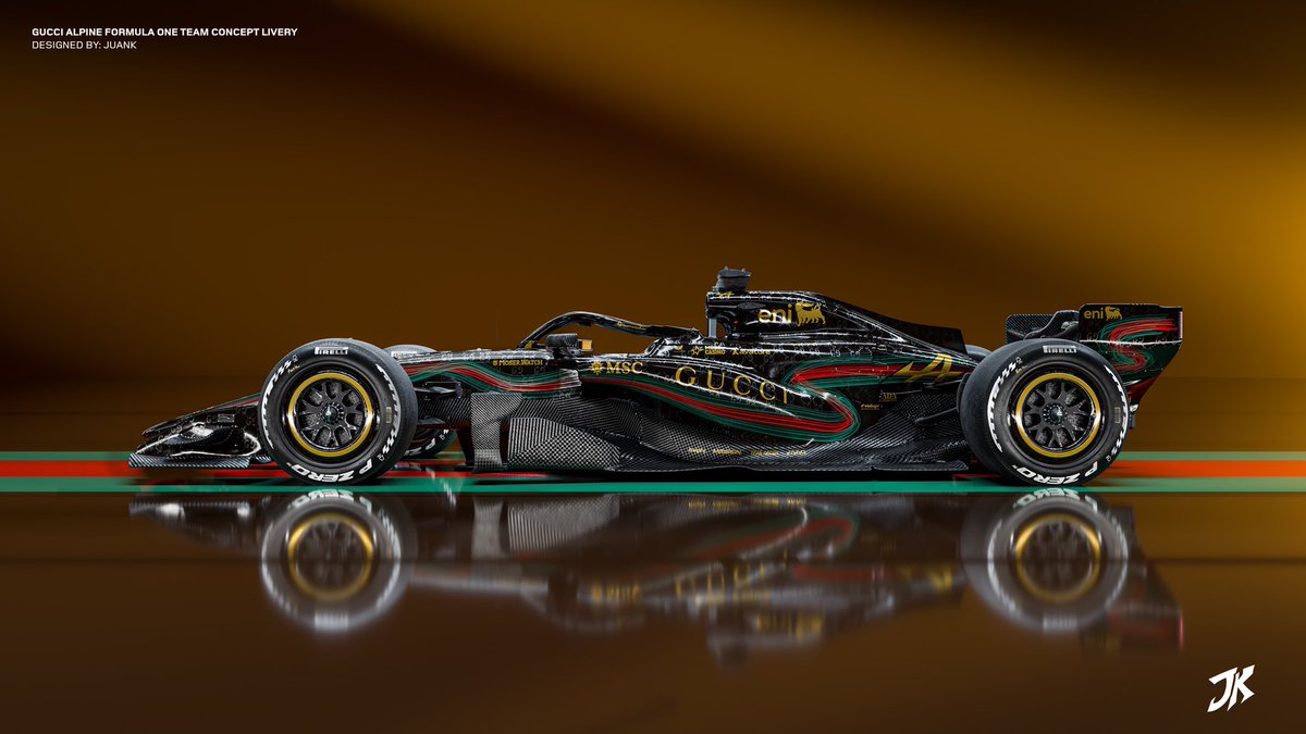 juankdesigns's tweet photo. My concept livery for @gucci new partnership with @AlpineF1Team for the 2027 F1 Season.  
#Gucci #Alpine https://t.co/gYzeGlYlsf