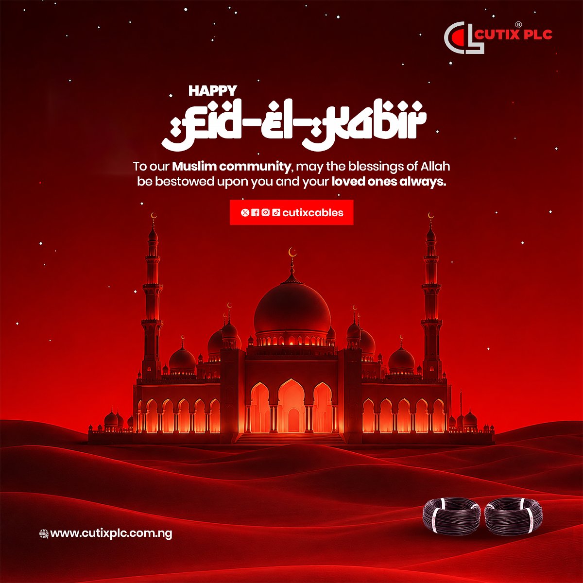 Cutixcables's tweet photo. Eid al-Adha Mubarak🌙✨

Wishing you and your loved ones peace, joy, and abundant blessings from all of us at Cutix PLC.

☎️: +2347046236426
📧: info@cutixplc.com.ng

#CutixPlc #EidMubarak #EidElFitr #CutixCables https://t.co/CnsHg1yPje