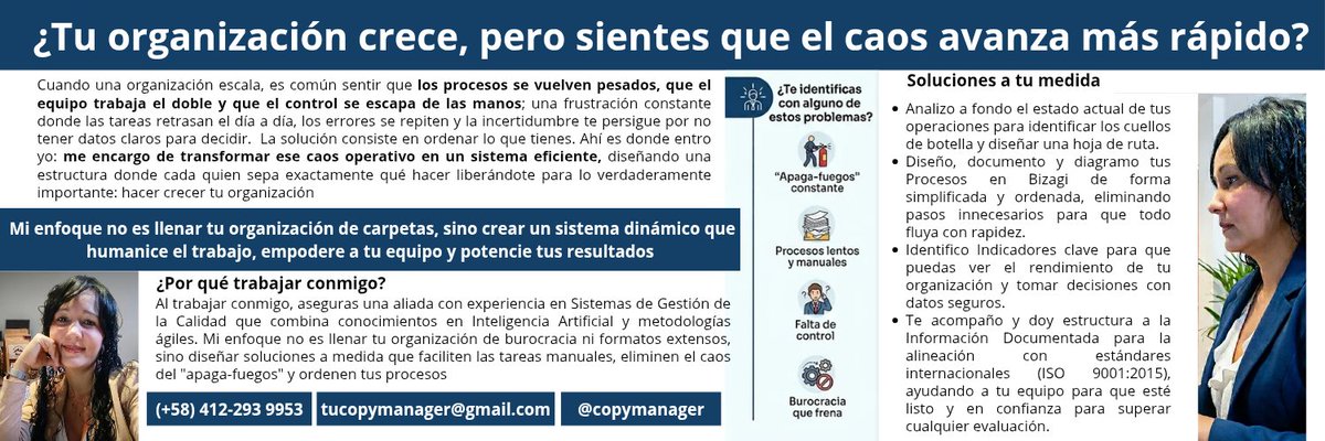 copymanager's tweet photo. Ordenar lo que ya tienes es el primer paso para crecer con éxito. Menos caos operativo y más decisiones basadas en datos seguros con ISO 9001:2015. 🎯
​¡Acompaño a tu organización a estructurar el cambio! 📥👇
​#GestionDeCalidad #Productivity #Procesos #Consultoria https://t.co/ktKlGqLHPm