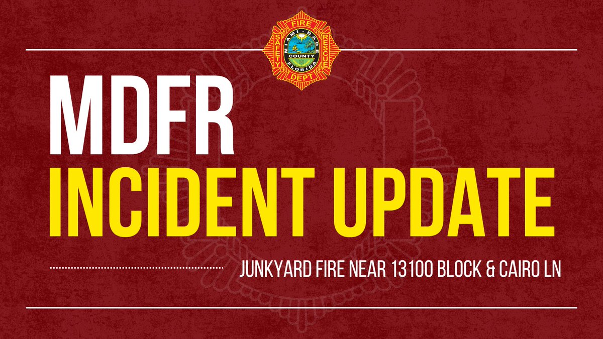 MiamiDadeFire's tweet photo. The junkyard fire near the 13100 block of Cairo Lane is now #UnderControl.
Miami-Dade Fire Rescue remains on scene, extinguishing lingering hot spots and monitoring conditions.
Smoke in the area has significantly decreased, and Northwest 135th Street has reopened in both directions.