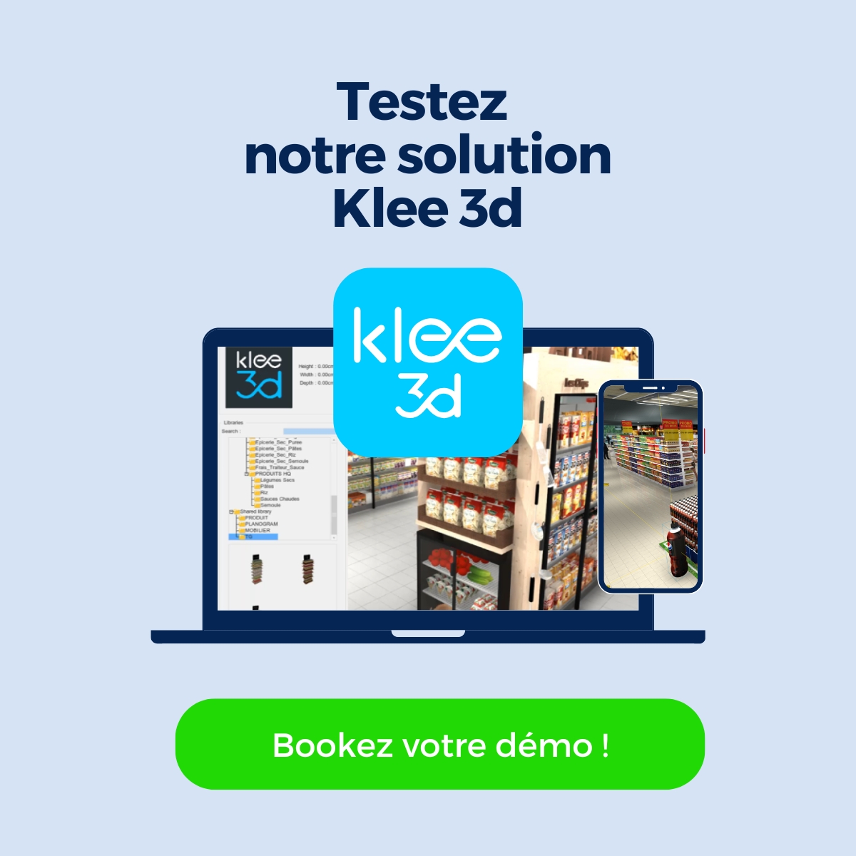 KleeCommerce's tweet photo. 🎯Valorisez vos théâtralisations en 3D !

Avec Klee 3d, transformez vos concepts merchandising en véritables expériences grâce à la réalité virtuelle. 

✅Plus de clarté 
✅Moins d’allers-retours 
✅Une mise en œuvre fluide sur le terrain 

👉 https://t.co/CWcWvSWP6r https://t.co/clZm6yK87I