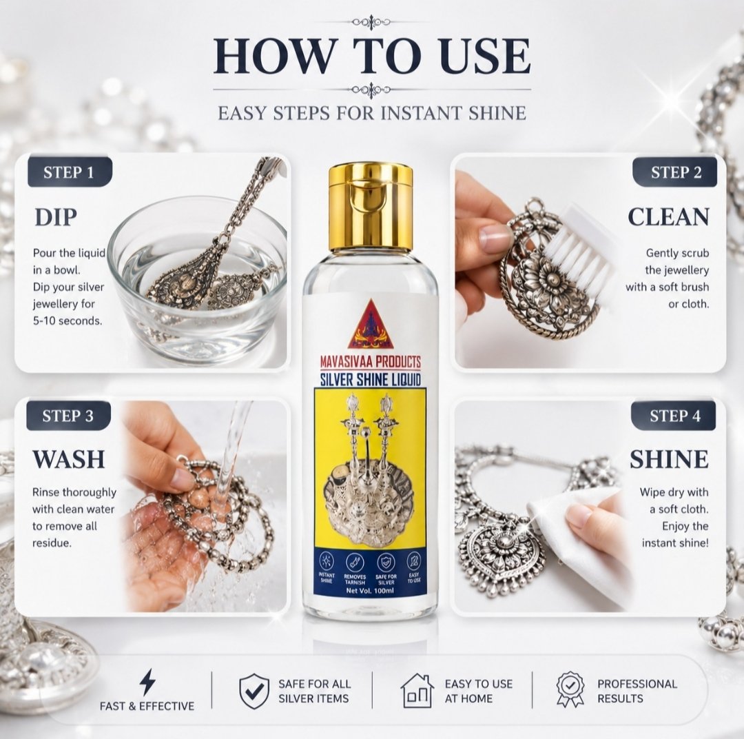 MAVASIVA's tweet photo. ✨ Bring back the original shine of your silver with Mavasiva Silver Shine Cleaning Liquid 🪙💎
Easy cleaning • Instant glow • Perfect sparkle for daily use!
🛒 Shop now at https://t.co/2BoANgIiUC
For Orders, Whatsapp : +91 9944439027. https://t.co/Z3uDHolExN
