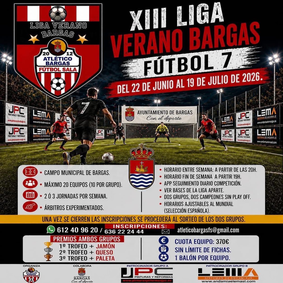 LigaLocalBargas's tweet photo. ⭐️XIII LIGA VERANO BARGAS 2026⭐️

👉 Estos son los 20 equipos que conformarán la liga de verano de Bargas de Fútbol 7 este verano 2026.

⚽️ Pendiente de conformar los grupos A (JPC) y B (ANDAMIOS LEMA)

#ligaveranobargas https://t.co/WVVmeW6cD7
