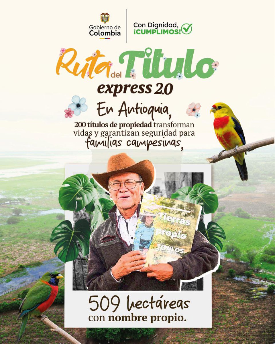 NicoRodriguezPe's tweet photo. Detrás de cada título de tierra hay miles de historias de lucha, perseverancia y esperanza. En Antioquia, ese compromiso hoy se refleja en más de 28 mil hectáreas formalizadas y adjudicadas para dignificar y reconocer al campesinado. 

#ConDignidadCumplimos
#RutaDelTítulo2.0 https://t.co/nb0jIJrJ5S