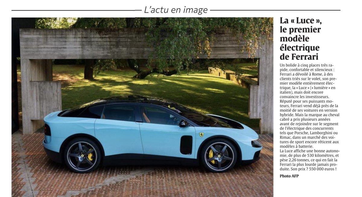 dpenet59's tweet photo. « LUCE »…
Voir ce prénom en une d’actualité pour la première Ferrari électrique m’a immédiatement fait sourire.
Parce qu’au-delà d’une voiture, ce nom évoque pour moi bien plus :
la lumière, l’élégance, la force tranquille… et surtout le prénom de mon épouse ❤️
#Luce #Ferrari https://t.co/tDeBhe6kn3