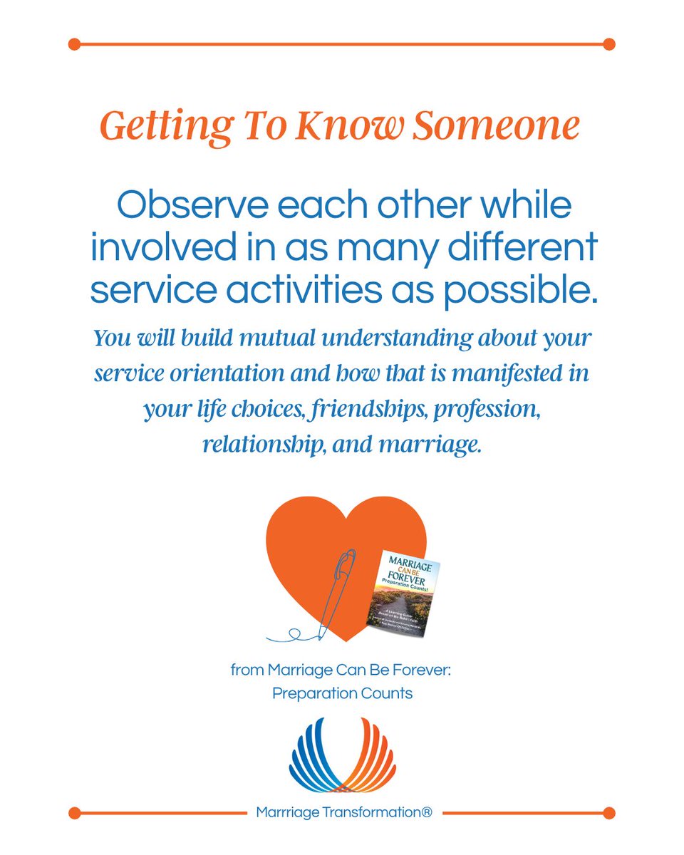 Marriage4ever's tweet photo. A great way to get to know someone is to observe each other being involved in as many different service activities as possible. 

Find more ideas in Marriage Can Be Forever: Preparation Counts! 

#marriage #relationships #marriagepreparation https://t.co/IxsVbTBad7