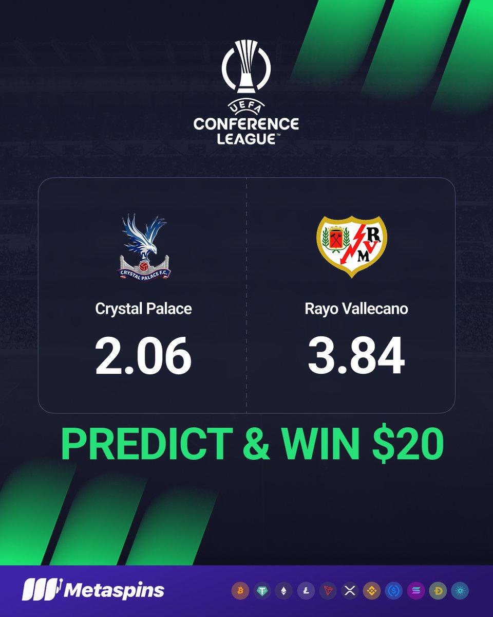 metaspinscasino's tweet photo. Rayo Vallecano face Crystal Palace in the Conference League Final 🏆

𝐏𝐫𝐞𝐝𝐢𝐜𝐭 𝐭𝐡𝐞 𝐜𝐨𝐫𝐫𝐞𝐜𝐭 𝐬𝐜𝐨𝐫𝐞 𝐟𝐨𝐫 𝐚 𝐬𝐡𝐨𝐭 𝐚𝐭 $20 🤑

✅ Follow @metaspinscasino
🔁 Repost &amp; tag 2 friends
💬 Drop your prediction + User ID

*Lvl 2 Metaspins users only https://t.co/KHTeaAZvof