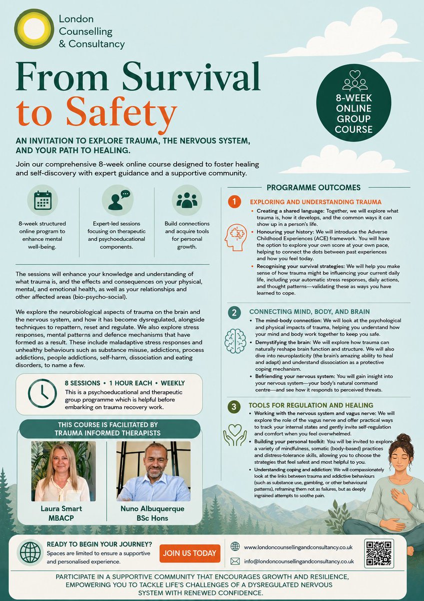 LondonCandC's tweet photo. Our 'From Survival to Safety' online group course begins on 8th July at 7pm.  Only 12 spaces available.  Please contact us if you want to learn about trauma, its impact on the nervous system, brain, unhelpful behaviours and stress responses.  #traumaawareness #stressresponses https://t.co/KTDPPSZQtg