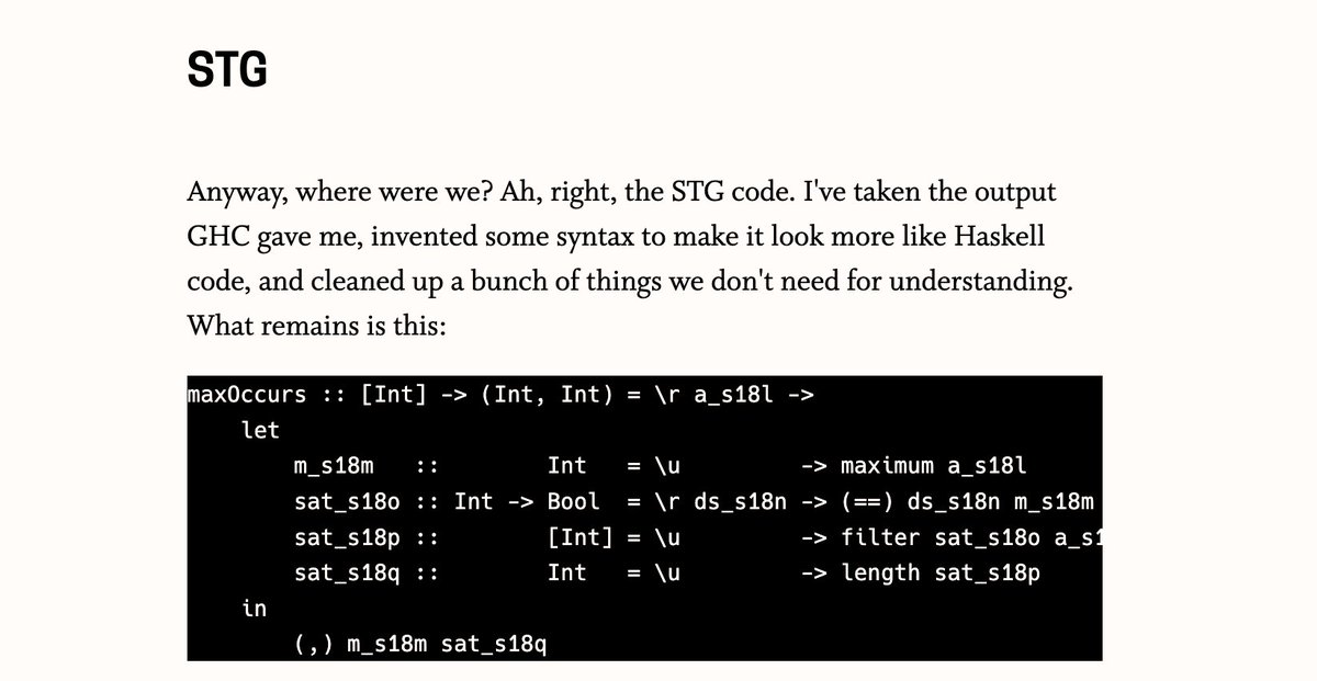 lotz84_'s tweet photo. Haskell の遅延評価の仕組み、特にコード中で2回使われる変数が1回しか評価されない理由について低レイヤーでの挙動を元に解説した記事✍️
STGでは \u という updatable（更新可能）なサンクで表現され一度評価されたら上書きされ2度目の再計算がされない（そして C-- へ…）
https://t.co/E1AxGKXvdH https://t.co/SC5FprrjtE