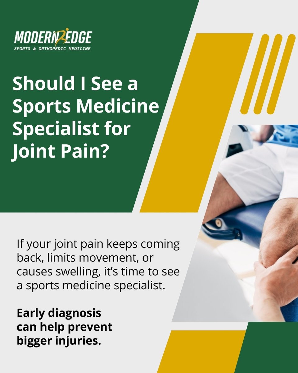 ModernEdgeOrtho's tweet photo. Recurring #JointPain, swelling, or stiffness? 

Read our blog to learn when it’s time to see a sports medicine specialist: https://t.co/zdDBiwZ2xG https://t.co/flLKf0BRpE