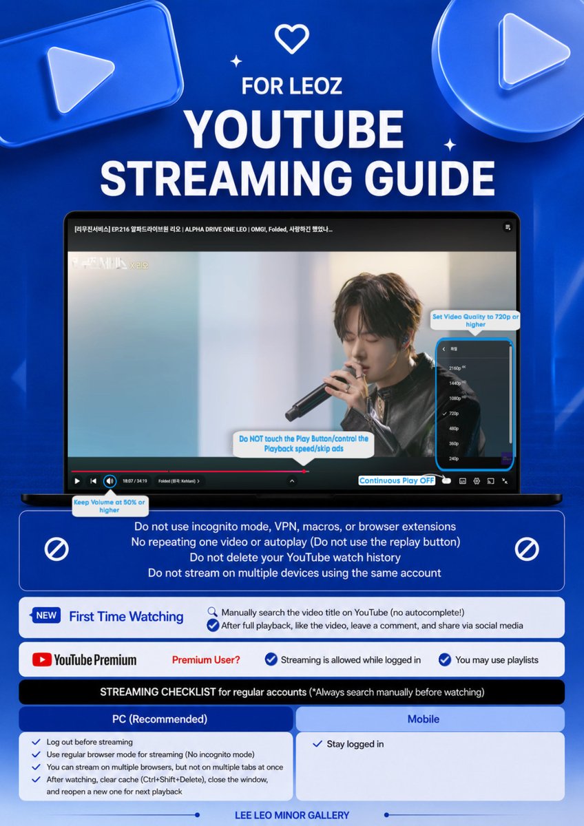 DCleogall's tweet photo. <YouTube Streaming Guide For International Leoz>

LEOZ!! Did you all enjoy Leo’s  appearance on Leemujin Service? 👀💙

Let’s show our  streaming power so that Leo can get more opportunities to appear on amazing shows like this in the future! 🔥

💙 When first time Watching! Make sure you are logged in, search "Leemujin Service Leo" directly in the search bar, and watch.
💙 Like, comment, Hype, and share on social media.
💙 After the first watch: Log out and follow the streaming guide below.
💙 Do NOT loop a single video! Watch 2–4 regular videos (around 5 mins long) in between (e.g., "OMG!" MV, Leo’s fancams, etc.)

We’ve been waiting for this for so long so let’s show them what we’ve got! 👊💙