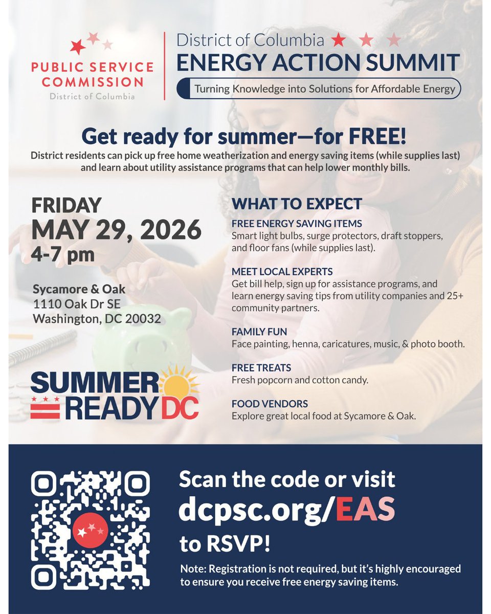 DCSEU's tweet photo. Get ready for summer for FREE! Join the @DC_PSC Energy Action Summit on Friday, May 29 from 4–7 PM at Sycamore &amp; Oak for giveaways, utility assistance resources, free energy-saving items, family fun, and more. RSVP: https://t.co/I1TdoIeHp3 #DCSEU #SummerReadyDC https://t.co/raRC0ExVW0