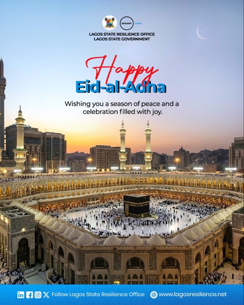 lagosresilience's tweet photo. Happy Eid-al-Adha✨🌙
Wishing you a season of peace and a celebration filled with joy.
#LASRO #EidMubarak #ResilientLagos #LagosCelebrates https://t.co/OJyVJRKz61