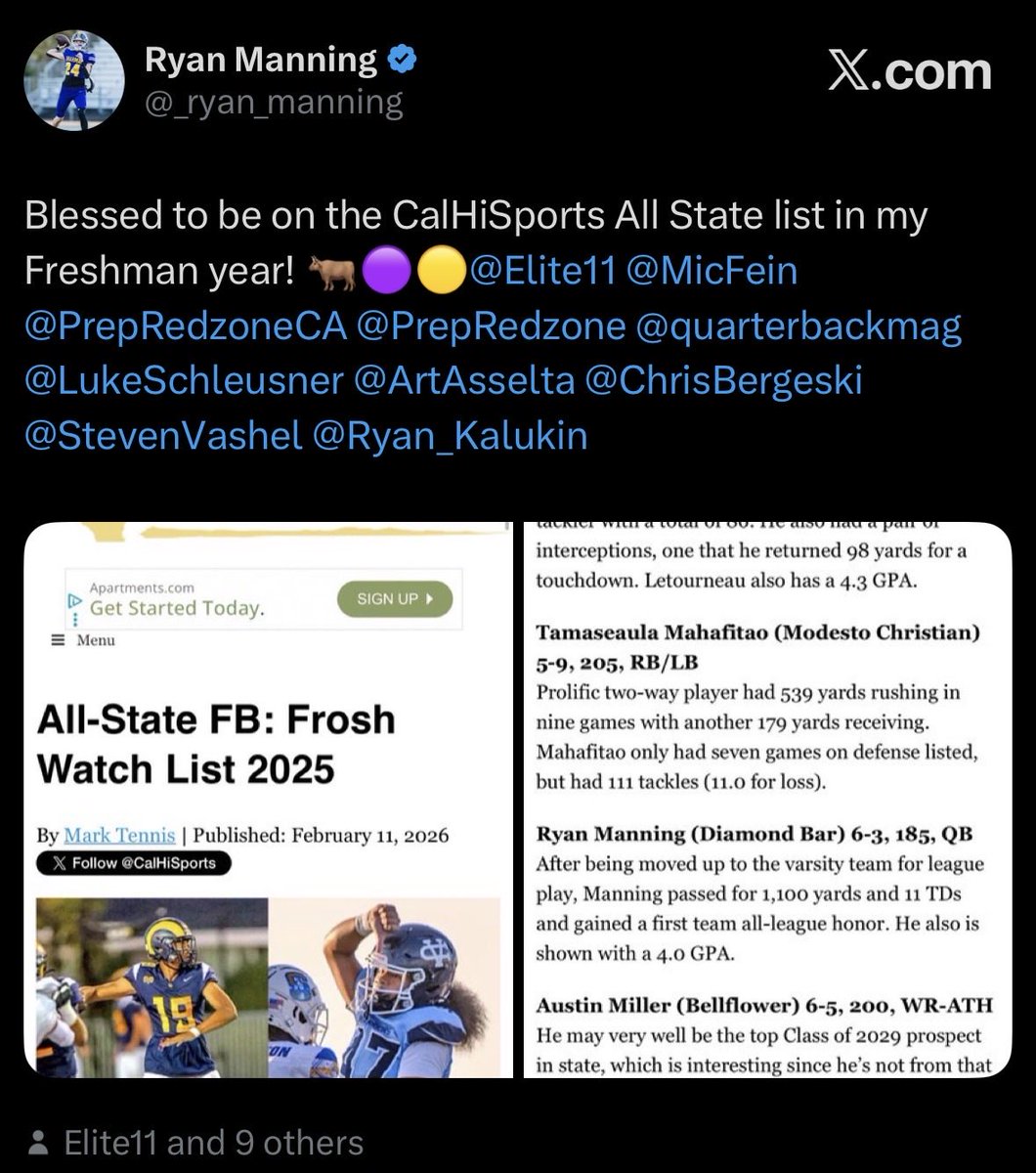 _ryan_manning's tweet photo. @David_Josephson Coach I won’t make it out east coast this summer but I’ll be at Redlands June 10th 

Ryan Manning 
Qb 6’3 class of 2029 
Freshman on varsity 
All Hacienda League 1st team 
All CA state freshman team 
4.0 gpa, #1 in class of 670
Diamond Bar High School, Diamond Bar CA https://t.co/ezVw3umW6k