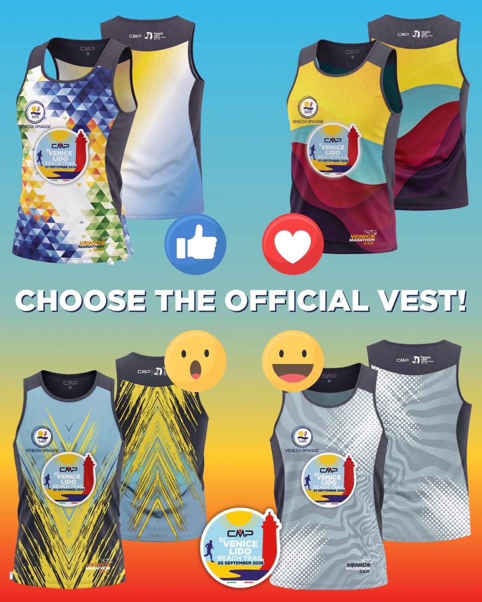 Venicemarathon's tweet photo. #Venicelidobeachtrail Domenica 20/09 al Lido di Venezia si correrà il 5^ CMP Venice Lido Beach Trail di 5K-11K &amp; Alì Family Run, organizzato da Venicemarathon. Vota la canotta ufficiale sulla pagina Facebook della manifestazione. Leggi qui 👉 https://t.co/7FJw2t3yyj https://t.co/e5Zf38r2X2