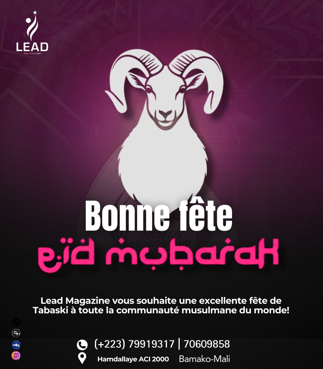 leadmagml's tweet photo. Toute l’équipe de Lead Magazine souhaite une bonne fête de Eid Mubarak à toute la communauté musulmane du monde. 
#eidmubarak #tabaski #leadmagazine https://t.co/5hsNkPBeX9
