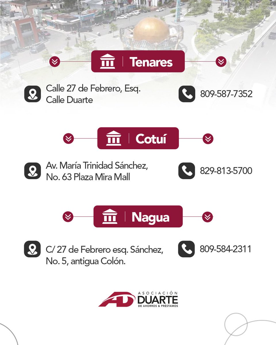 AsocDuarte's tweet photo. Siempre tendremos una sucursal cercana a ti. 📍Conoce la Zona Norte.

🕒 Nuestro horario es:
Lunes a viernes de 8:00 a.m. a 5:00 p.m.

Sábados de 9:00 a.m. a 1:00 p.m.

Visítanos en el horario que mejor te funcione y recibe la atención que necesitas.

#AsociaciónDuarte https://t.co/ESsZOGxsne