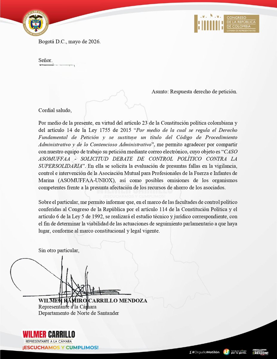 casoasomuffaa's tweet photo. 📰 RESPUESTA | Agradecemos al honorable representante @WcarrilloM por su respuesta a una de las #VictimasAsomuffaa asumiendo el compromiso de investigar y hacer el estudio técnico y jurídico correspondiente. 

Los senadores y representantes en general han sido muy amables y receptivos en escucharnos y darnos su apoyo en procura de justicia.

#CasoAsomuffaa #FraudeAsomuffaa #VictimasAsomuffaa #FraudeSolidario