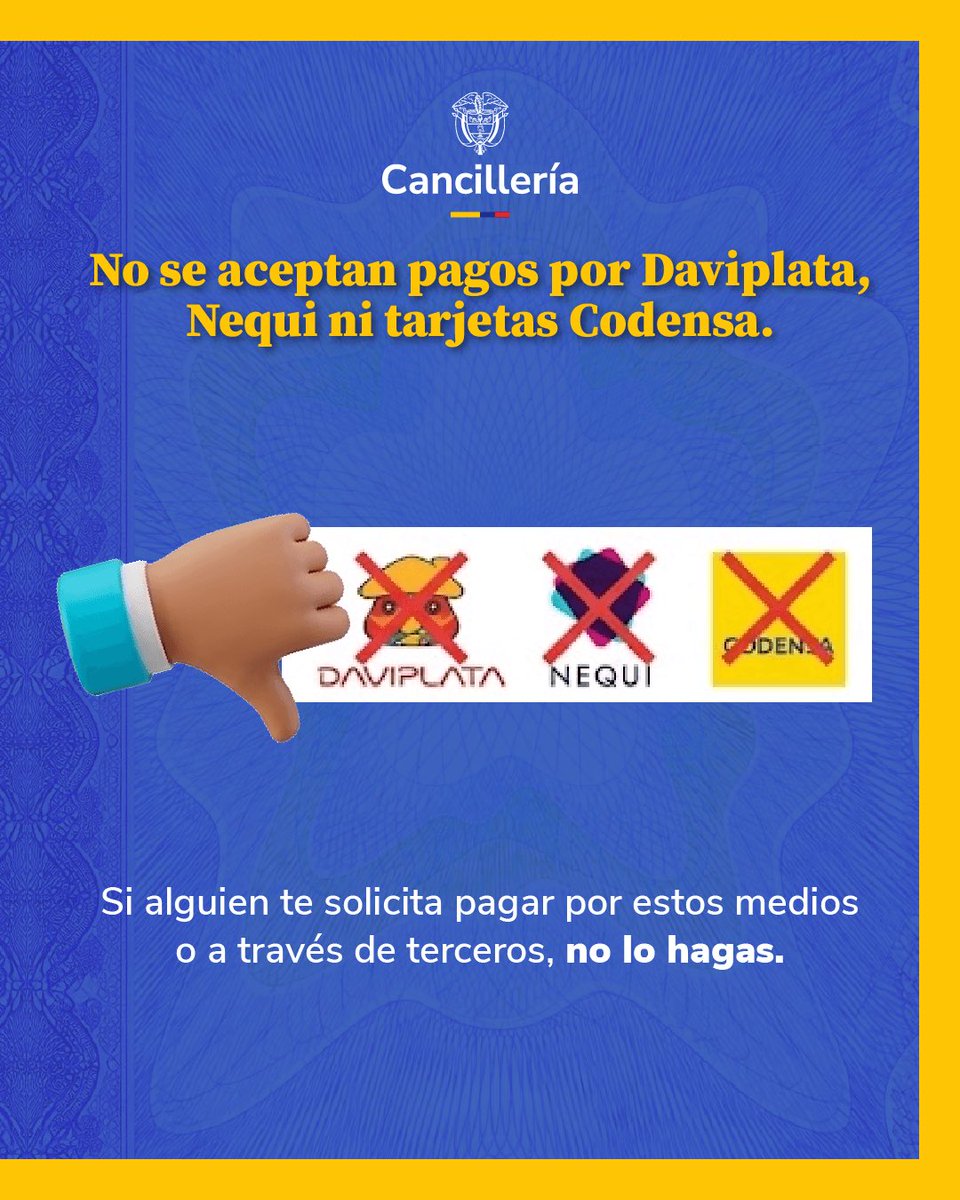 CancilleriaCol's tweet photo. Hemos registrado casos de ciudadanos que pagaron su trámite de pasaporte a terceros de forma fraudulenta. Ningún intermediario está autorizado para recibirlo. Desliza y comparte. 🔒
#GobiernoDeColombia https://t.co/zYMXmMnglX