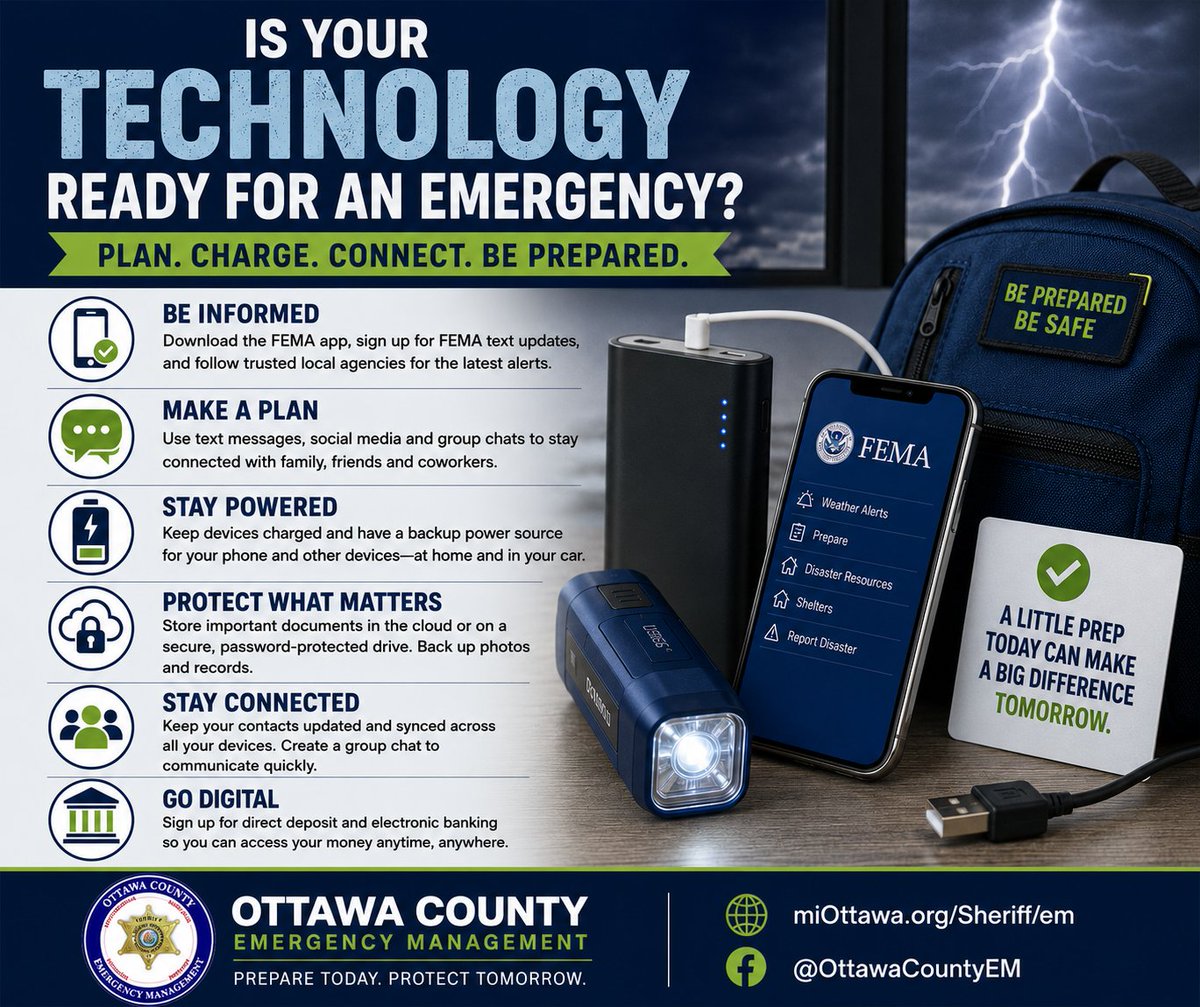 OttawaCountyEM's tweet photo. When severe weather or disasters strike, your devices can be some of your most important tools, but only if they are charged, protected, and ready to use. Taking a few simple steps now can help you stay informed, connected, and prepared.

✅ Download the FEMA app for weather alerts and emergency information:
https://t.co/5otQPIYd9F
✅ Sign up for FEMA text updates:
Text PREPARE to 43362 for preparedness tips
Text SHELTER and your ZIP code to 43362 to find open shelters

✅ Follow trusted local and government agencies on social media for official updates before, during, and after emergencies.
✅ Keep phones, tablets, and backup battery packs fully charged before severe weather arrives.
✅ Save important documents securely in the cloud or on a password protected flash drive.

✅ Back up photos, medical records, insurance information, and pet records to protect them from loss.

✅ Use text messages or group chats to communicate during emergencies. Texting often works better than phone calls when networks are busy.

Preparedness starts before the emergency happens. Take time today to make sure your technology is ready when you need it most.

More preparedness information:
🌐 https://t.co/3fYdXnxNz8
🌐 https://t.co/HNG5Oe73aF

#OttawaCountyEmergencyManagement