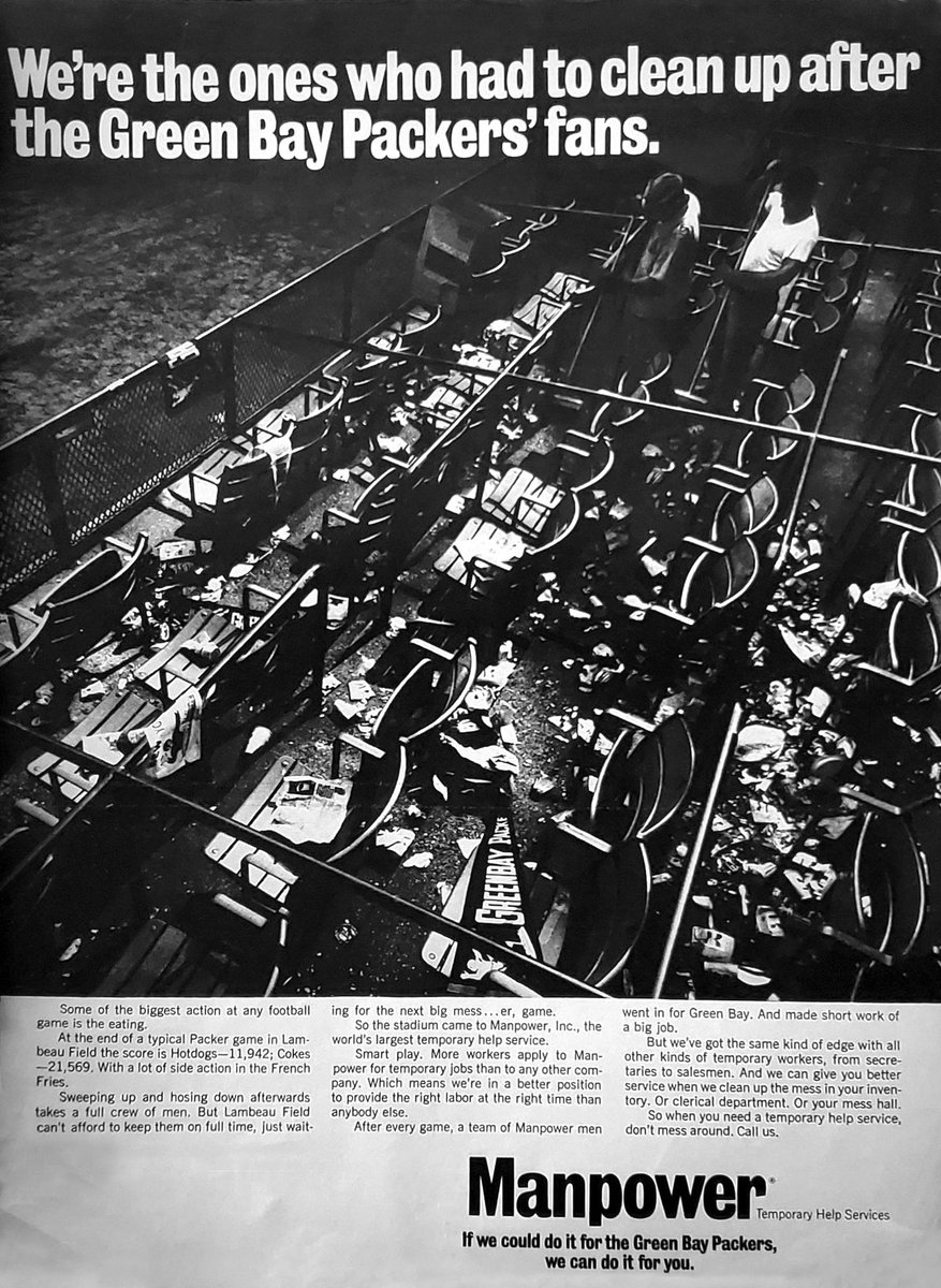 Packerville's tweet photo. There is something wrong about this Manpower™ ad from a 1968 magazine. If you’ve ever been to Lambeau Field, it will be obvious. The company exists today with headquarters in Milwaukee, operating globally through four primary brands of staffing.
.
#Packers #GoPackGo #NFL https://t.co/UyoEeWYQqN