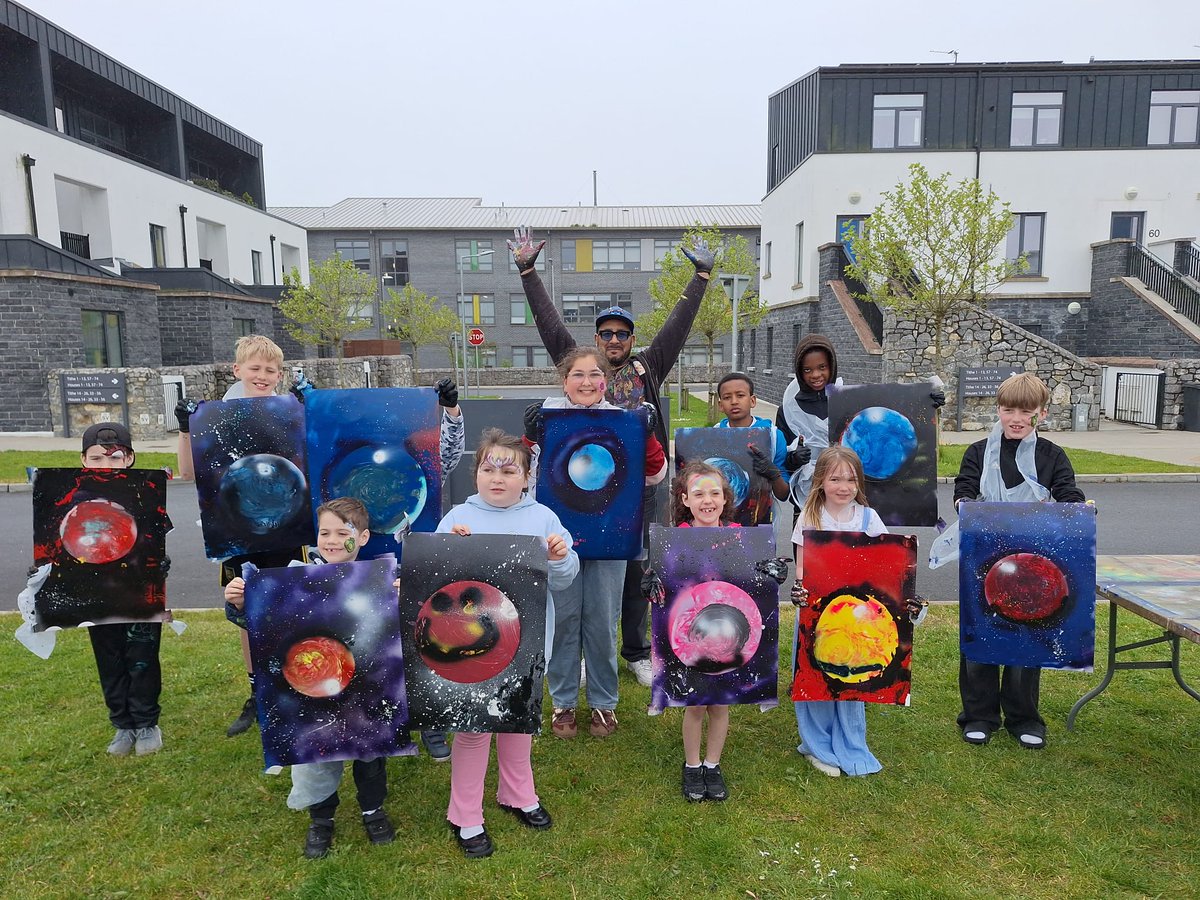 HousingTorc's tweet photo. What a fantastic day we had in Galway with our TORC residents! The children’s spray art workshop with Hernan was a huge success. He was absolutely brilliant with the kids, teaching them new skills while making it so much fun and interactive. The creativity on display was amazing! https://t.co/KlX55kBlfc