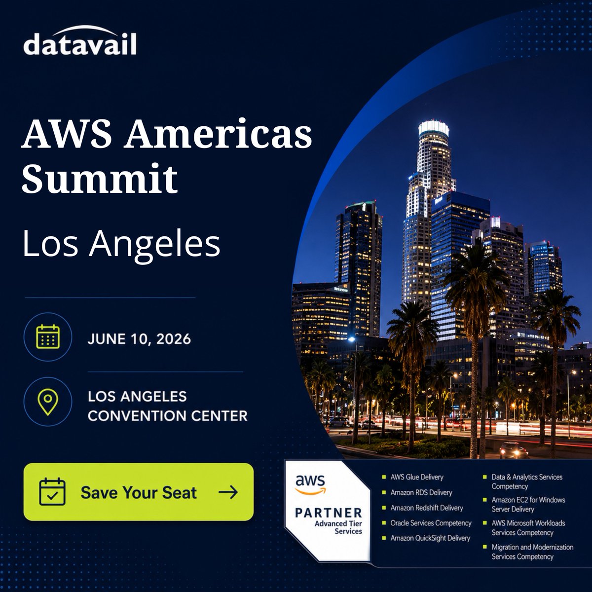 datavail's tweet photo. Every AWS Summit ends the same way: a notebook of services to try, and zero time to try them.
That's the gap Datavail is built to close.
AWS Summit Los Angeles, June 10, LA Convention Center. AWS Advanced Tier Partner.
https://t.co/011WpWSQG8

#AWSSummit https://t.co/YLvLtDuSXM