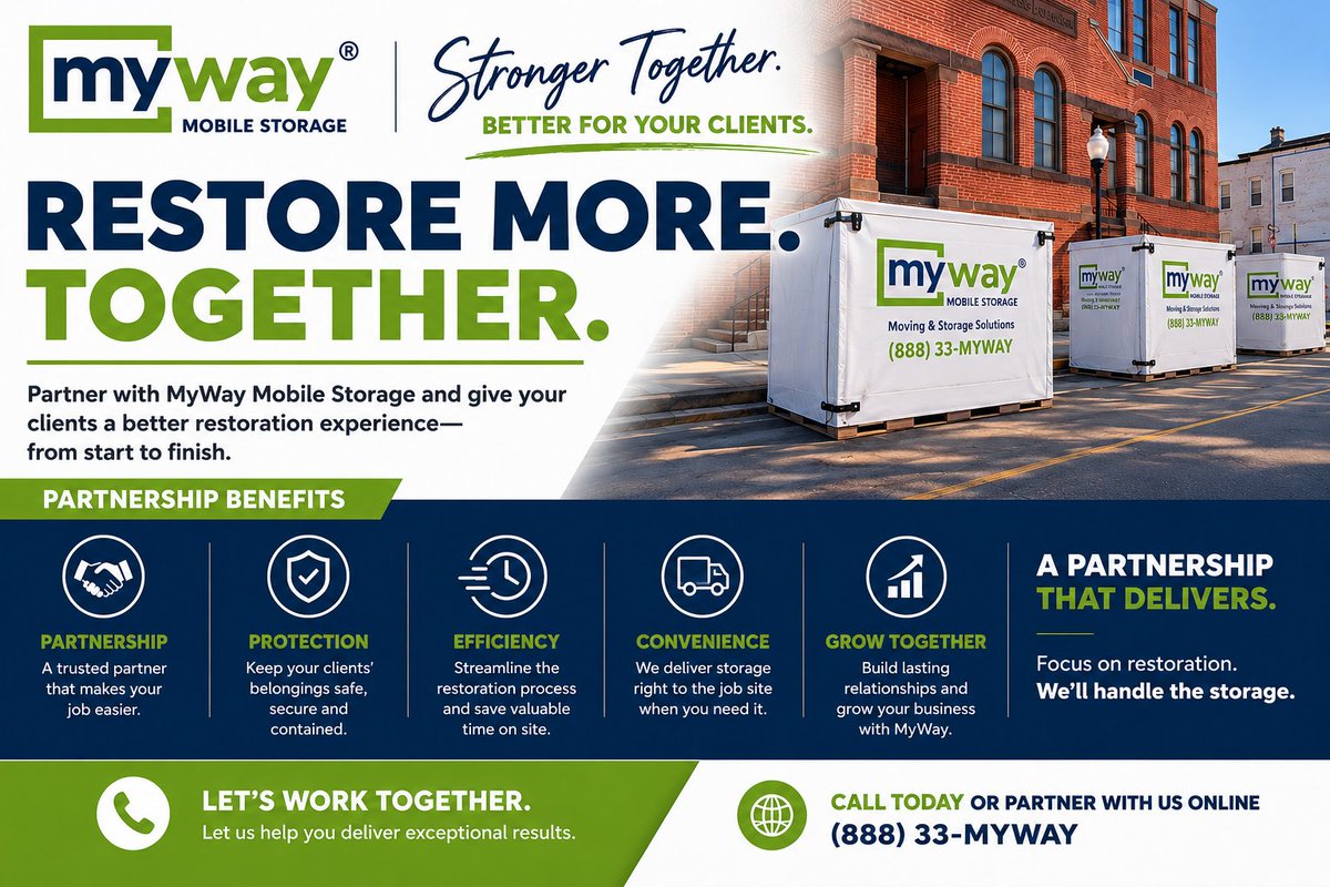 MyWayStorage's tweet photo. When restoration work begins, your clients need fast, secure, and reliable storage solutions they can count on.

Partner with MyWay Mobile Storage to streamline the restoration process, protect belongings on-site, and deliver a better experience from start to finish. https://t.co/aeUDsckrrD
