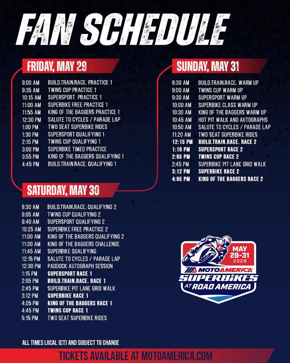 MotoAmerica's tweet photo. Heading to America's National Park of Speed 🌳 🏍️ 🌳 @roadamerica 

Catch all the action LIVE on @SamsungTVPlus and MotoAmerica Live+ 📺
Plus, watch both @QuadLockCase Superbike races LIVE on @VICETV! ⚡️

#superbike #motorcycle #motorsports #racing #baggers https://t.co/z1QrdZM8uU