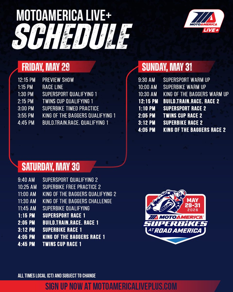 MotoAmerica's tweet photo. Heading to America's National Park of Speed 🌳 🏍️ 🌳 @roadamerica 

Catch all the action LIVE on @SamsungTVPlus and MotoAmerica Live+ 📺
Plus, watch both @QuadLockCase Superbike races LIVE on @VICETV! ⚡️

#superbike #motorcycle #motorsports #racing #baggers https://t.co/z1QrdZM8uU