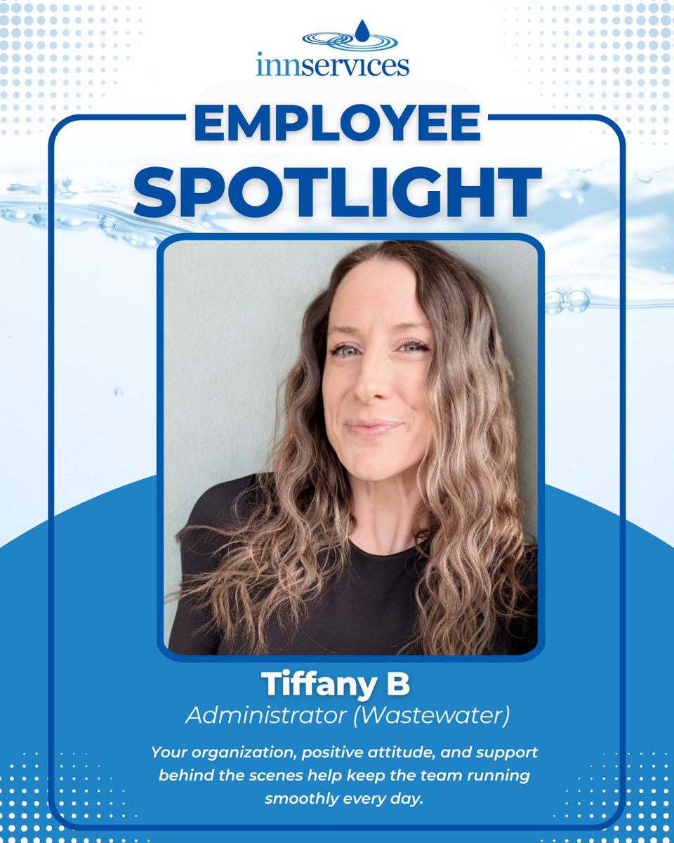 innservices_'s tweet photo. Employee Spotlight: Tiffany helps keep Wastewater Operations running smoothly every day with organization, positivity, and teamwork. Read her full story on our Facebook page. https://t.co/QnFqm0FkJh