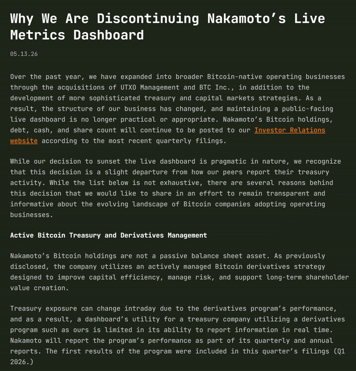 Pledditor's tweet photo. Really sketchy how @Nakamoto killed their proprietary dashboard on their website that told you the "BTC per share" and "BTC yield" KPIs because they felt like their operations were growing too complex to disclose

In the age of AI, sounds like a skill issue @DzambhalaHODL https://t.co/ITLYStqvph