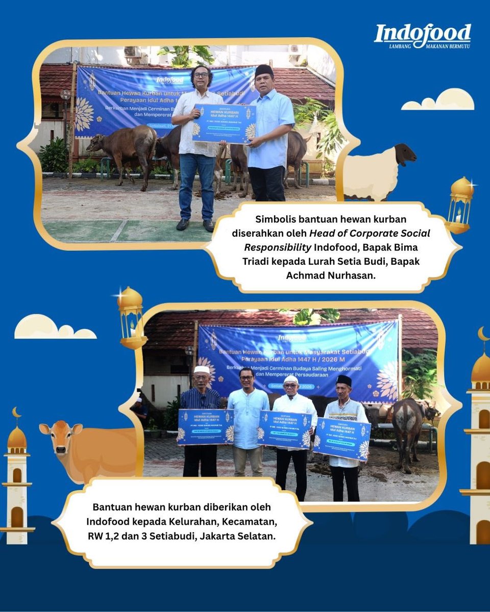 indofood's tweet photo. Pada Rabu, 27 Mei 2026 Indofood melalui program CSR pilar Solidarity for Humanity melaksanakan penyerahan bantuan hewan kurban kepada masyarakat, kecamatan, kelurahan, polsek dan koramil di area Setia Budi, Jakarta Selatan.

Secara keseluruhan, Indofood telah mendistribusikan 107 ekor sapi, 20 ekor domba, 1 ekor kerbau dan 232 ekor kambing yang disalurkan kepada berbagai pihak di sekitar area perusahaan.

Melalui tema "Berkurban Menjadi Cermin Budaya Saling Menghormati dan Mempererat Persaudaraan", Indofood berharap momen ini tidak hanya menjadi sarana berbagi, tetapi juga mempererat tali silaturahmi antara perusahaan dengan seluruh masyarakat.

#CSRIndofood #SolidarityForHumanity #HewanQurban #IdulAdha