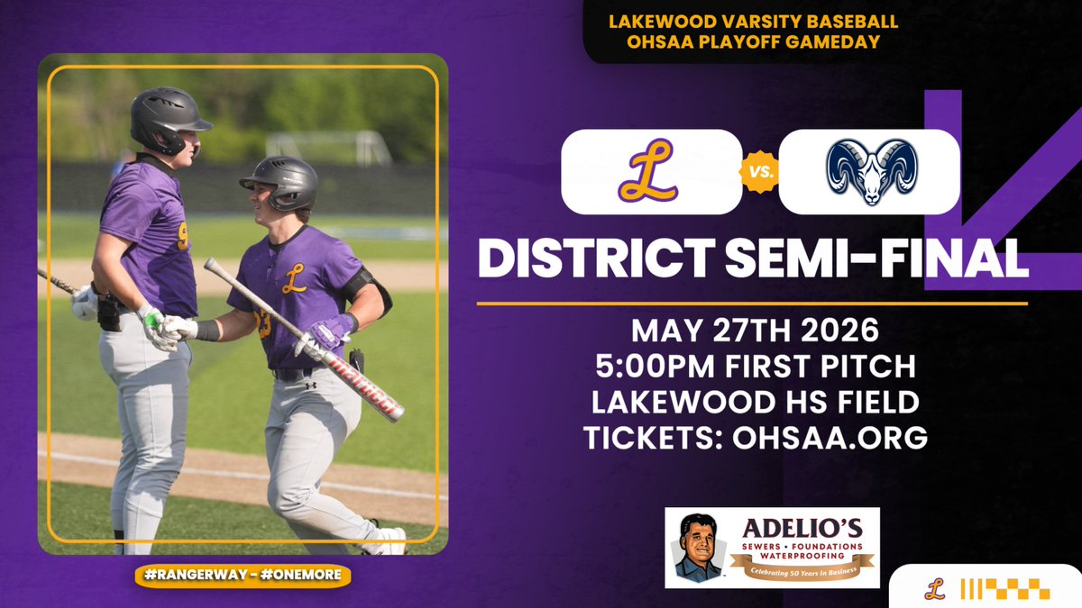 Lkwd_Baseball's tweet photo. ⚾️DISTRICT SEMI-FINAL GAMEDAY⚾️
🧱Presented by Adelio's

🤠Lakewood vs Rhodes HS 🐏
🏟️Lakewood High School Field
🌤️ Sunny &amp; 75 Degrees
🕔5:00pm First Pitch
🎟️https://t.co/WwCRL6kDSe -> Baseball-> Division II

#RangerWay x #OneMore https://t.co/QEmd8DEDge