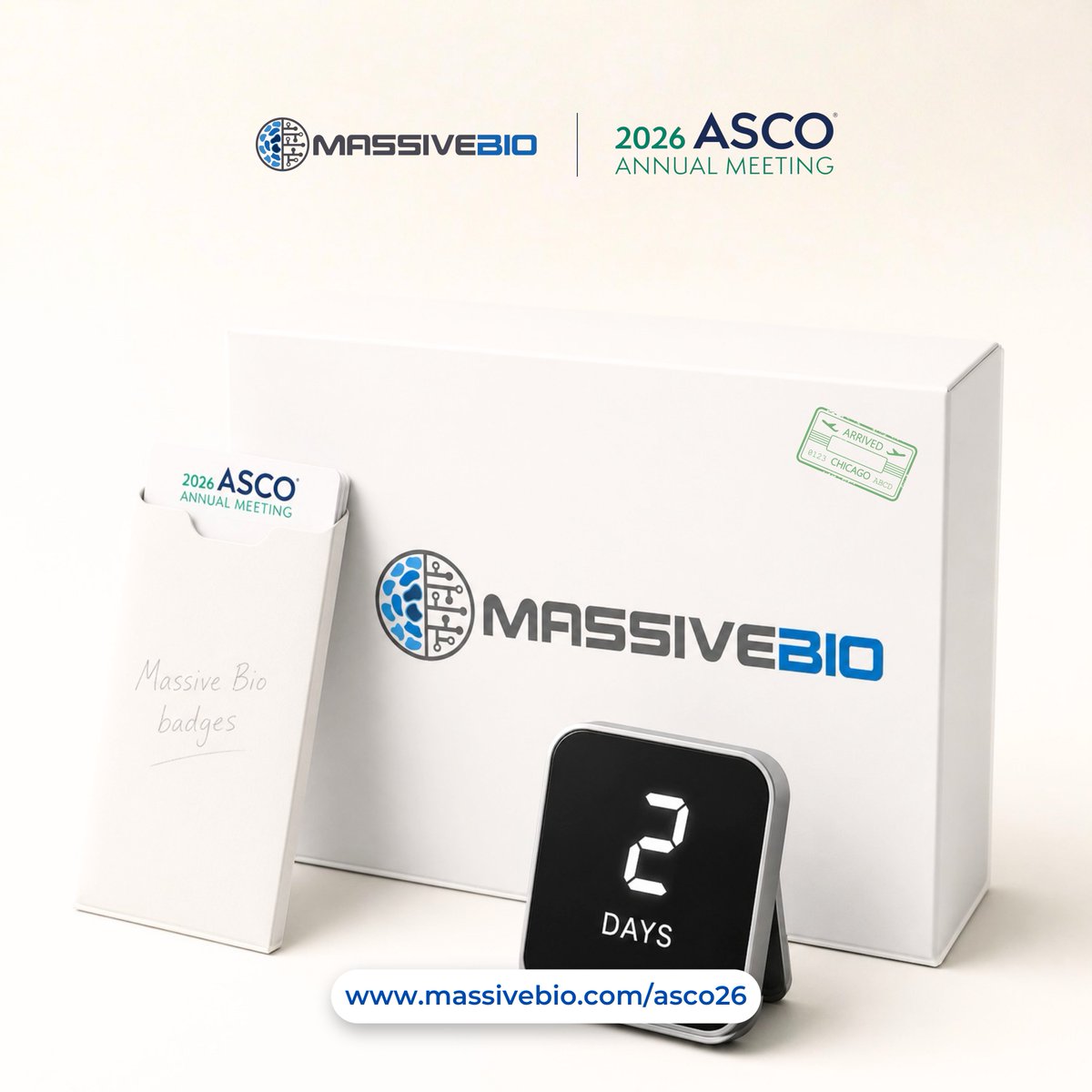 MassiveBio's tweet photo. We arrive in #Chicago in 2 days.

It's been a milestone year. A landmark peer-reviewed study across 3,800+ cancer patients. Our collaboration with @OpenAI. Partnerships with BeeKeeperAI, Just Worldwide (@JWWMedResearch)  Worldwide, and more. A Digital Medicine Society (DiMe) Seal recipient and listed in the Centers for Medicare & Medicaid Services Medicare App Library, reaching over 68 million Medicare beneficiaries.

And we're not done. Some of our biggest announcements are coming during and after #ASCO2026.

Find us at Booth #IH04 in the Innovation Hub, or schedule time with the team before the doors open:

🔗 https://t.co/3d4C6MERIP

📍 McCormick Place, Chicago · May 29 – June 2

#ASCO26 #OncologyInnovation #ClinicalTrials #PrecisionOncology