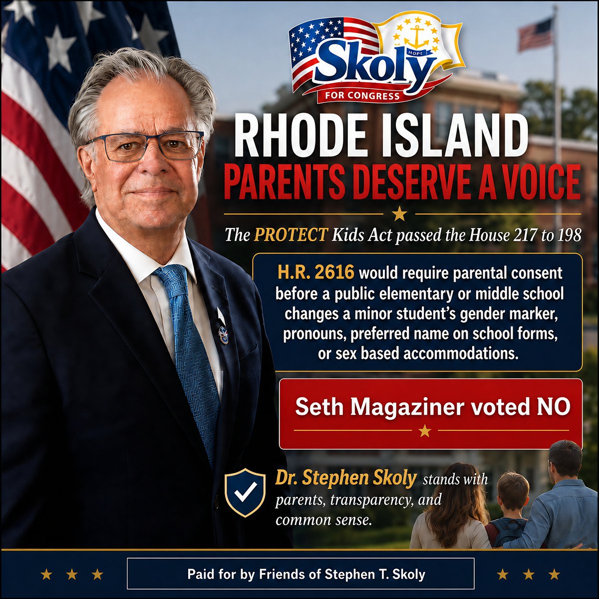 DocSkoly's tweet photo. Rhode Island parents deserve courage, not political weakness.
The PROTECT Kids Act passed the House 217 to 198. It requires parental consent before schools make major changes involving a child’s records or sex based accommodations.
Seth Magaziner voted NO. https://t.co/wNBFExJjhl