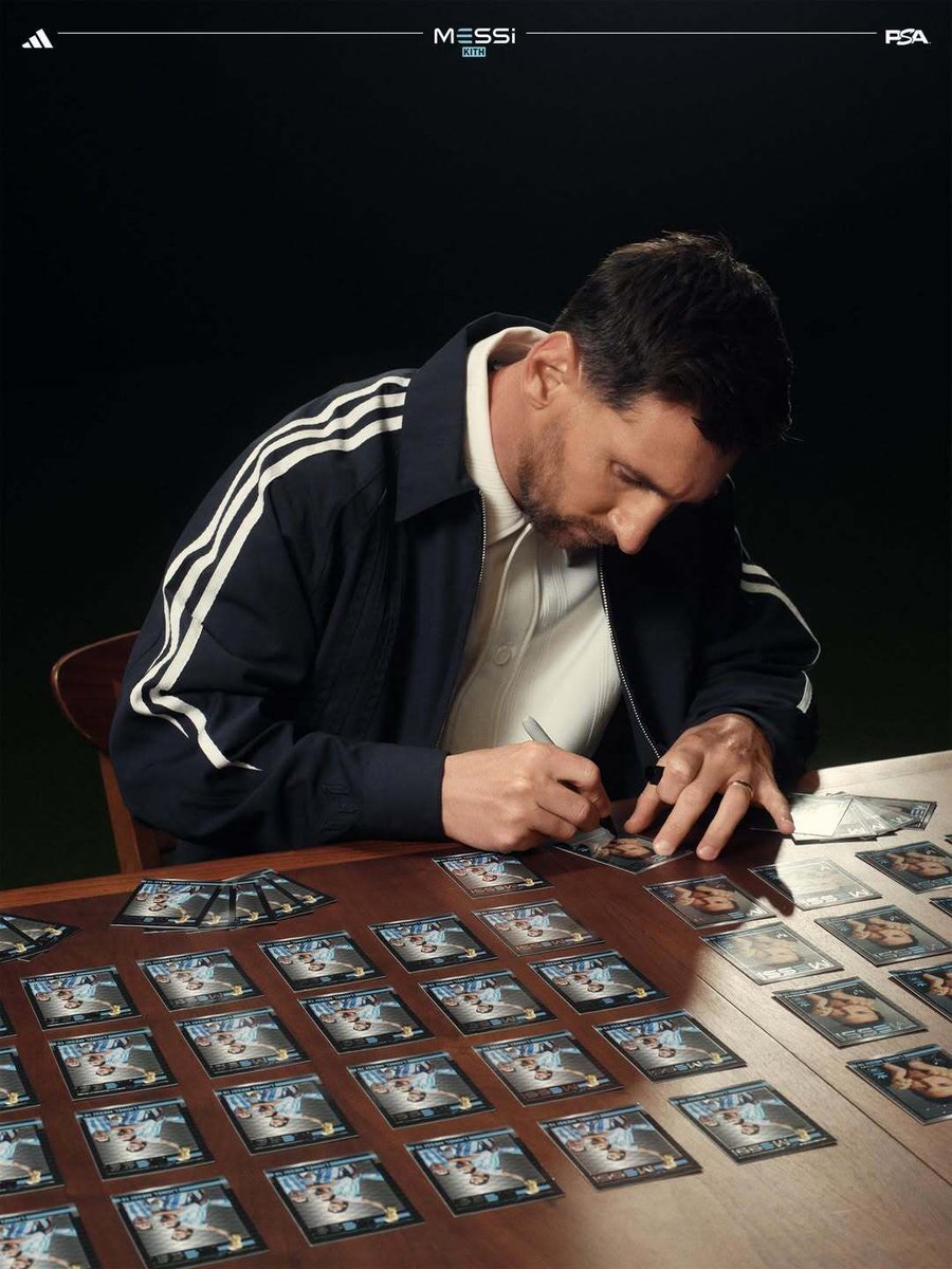 Secretsauce's tweet photo. Kith x Messi for adidas Football
Free PSA-graded auto card with purchase. That's where the real money is.
Kith is dropping a collab with Messi May 29th
The collab will include jerseys, footwear, shirts, outerwear and accessories.
But footwear and jersey's come with a free Messi trading card with a chance to get a PSA graded autograph card.
Think about that for a second. You're buying the product anyway. The card is free. And graded Messi autos on the open market aren't cheap.
Trading cards are still running hot. A PSA-graded auto from one of the greatest of all time, attached to a limited Kith collab, is not something the market has priced in yet.
The play isn't the shoe. It's what's in the box.

Which piece are you targeting, footwear or jersey?