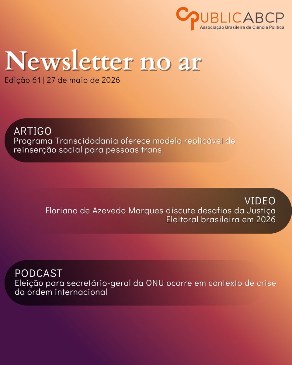 ABCP_bot's tweet photo. 📢 Nova newsletter do PublicABCP🔶
.
Confira a curadoria de conteúdo desta quinzena 👇

🤓Acesse mais conteúdos no site do PublicABCP
https://t.co/mLMwoVE6x4

#ABCP #publicabcp #CiênciaPolítica #politicalscience #cienciapolitica https://t.co/KxfdtRTBhr