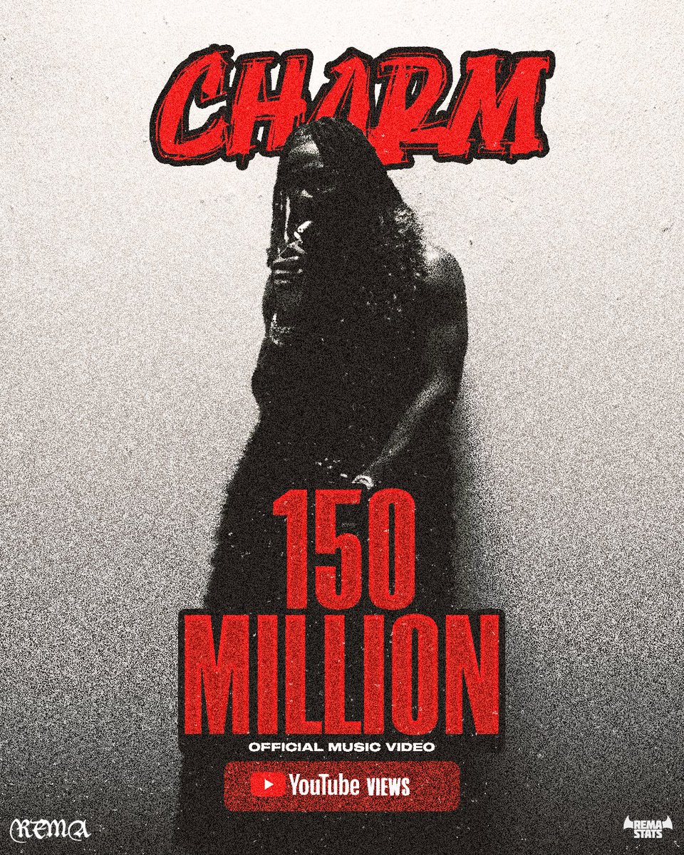 RemaStats's tweet photo. Rema’s “Charm” (Official Music Video) has surpassed 150 Million Views on YouTube. https://t.co/nQEEYJBouR