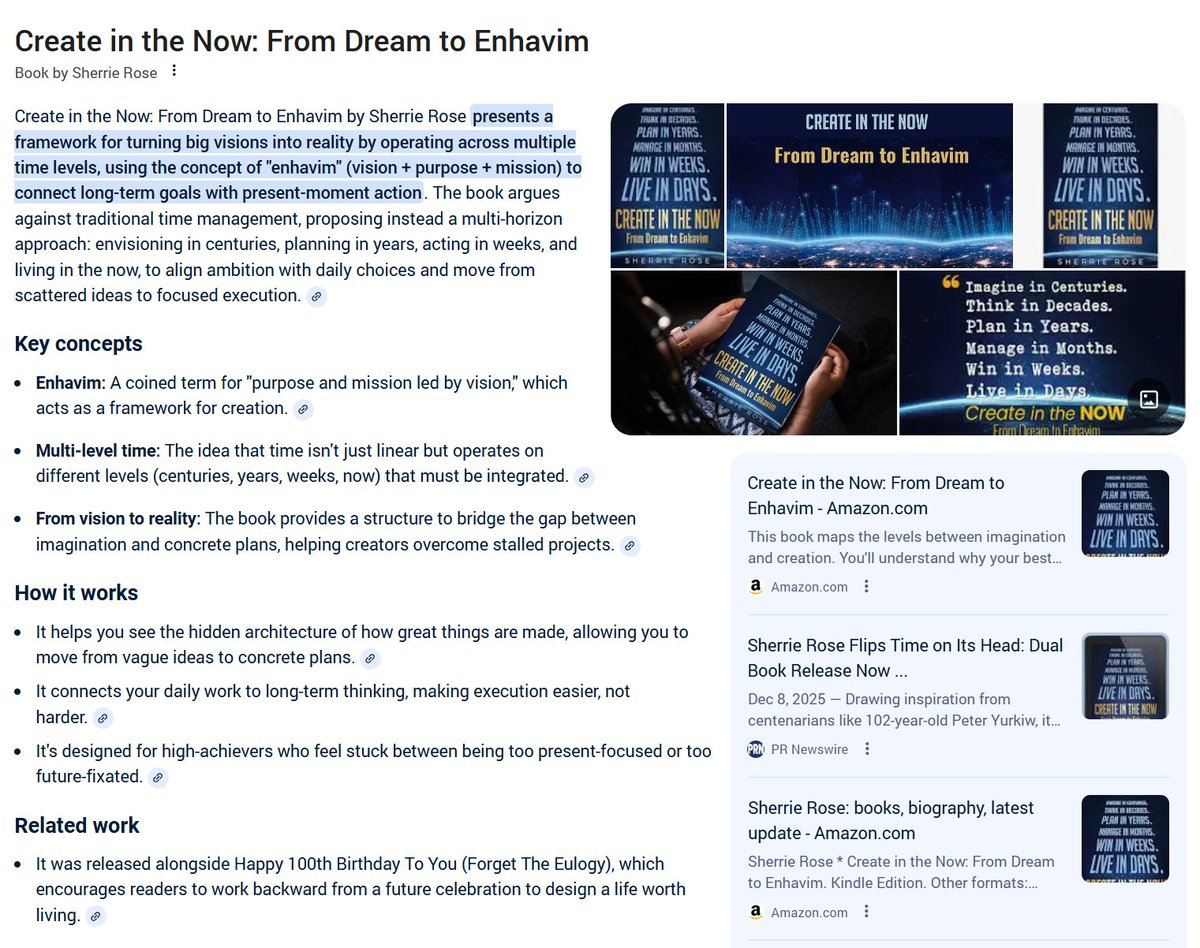 CreateInTheNOW_'s tweet photo. Create in the Now: From Dream to Enhavim by Sherrie Rose presents a framework for turning big visions into reality by operating across multiple time levels, using the concept of "enhavim" (vision + purpose + mission) to connect long-term goals with present-moment action
@Enhavim https://t.co/BVRZFz64Ao