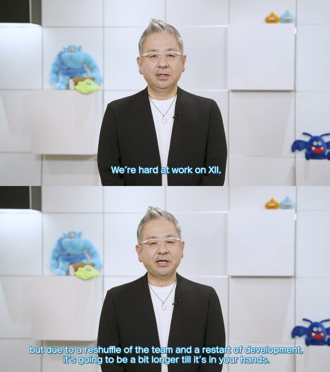 danielreen's tweet photo. O desenvolvimento de Dragon Quest XII foi reiniciado do zero segundo o produtor do jogo Yosuke Saito. Ao revelar o projeto a Square havia prometido "mudanças drásticas" na  franquia, o que deixou os fãs apreensivos:

"Estamos trabalhando duro no XII, mas devido a uma reorganização da equipe e ao reinício do desenvolvimento, vai demorar um pouco mais até que esteja em suas mãos.

O trabalho na versão original, Dragon Quest XII: The Flames of Fire, encontrou muitos obstáculos ao longo do caminho. Mas, à medida que continuamos conversando com o Sr. Horii e definimos como um jogo principal de Dragon Quest deve ser, decidimos reorganizar as coisas e começar do zero.

Foi uma decisão importante, mas acredito que foi a certa para garantir que o próximo jogo de Dragon Quest seja um que todos vocês, fãs da série, realmente amem. Como parte da nova direção, também mudamos o logotipo e o subtítulo de Dragon Quest XII."