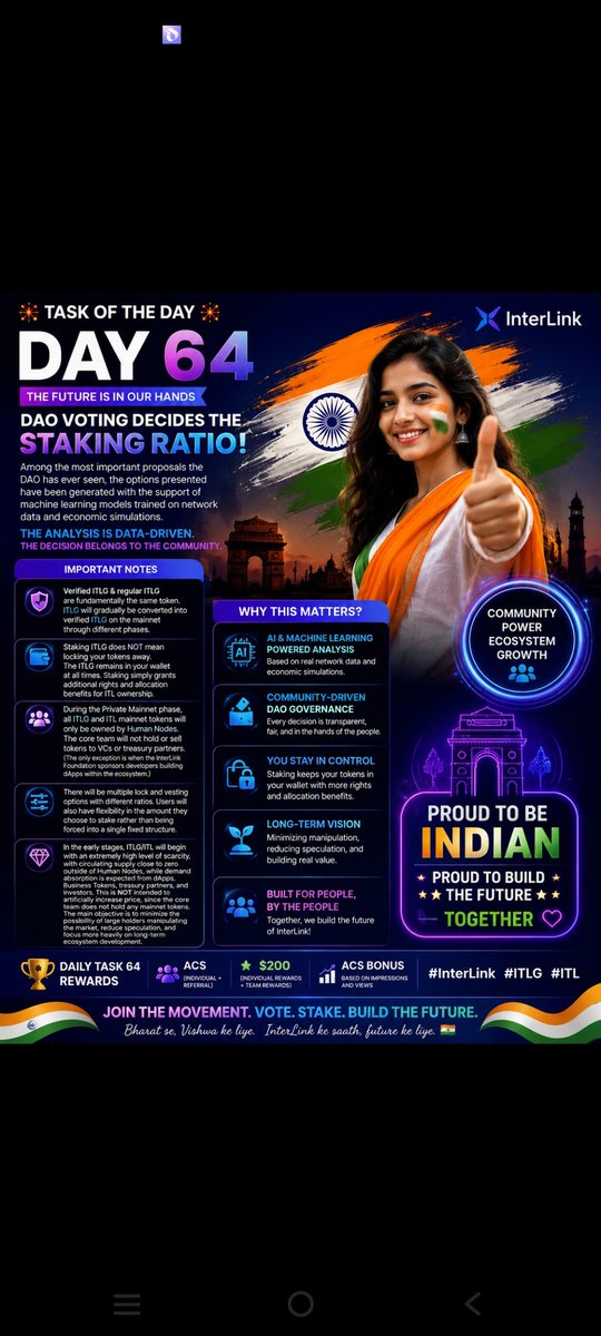 MeenaP271941's tweet photo. 🇮🇳✨ PROUD TO BE INDIAN ✨🇮🇳

The future of Web3 governance is here 🔥
DAO voting is now shaping the staking ratio of the InterLink ecosystem 🗳️⚡

🤖 AI-powered analysis
🔒 Wallet-controlled staking
🌍 Human Node ownership
💎 Long
#InterLink #ITLG #ITL #ITLX #InterlinkAmbassador https://t.co/xOL4MFvZhk