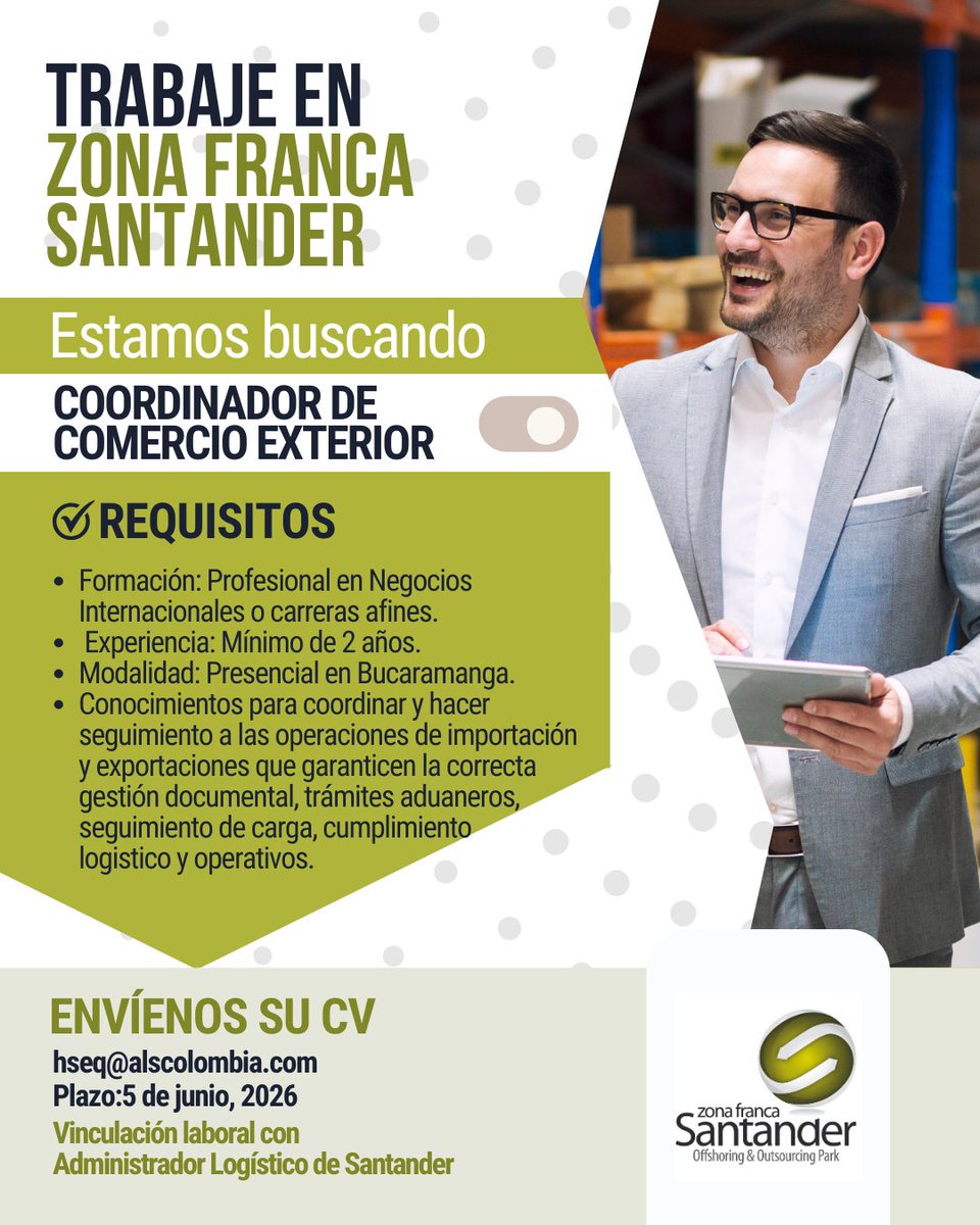 ZFSantander's tweet photo. #TrabajoSíHay en Zona Franca Santander 👏
Nuestro usuario ALS, está en busca de talentos para ocupar la vacante de #Coordinador y #Auxiliar de Comercio Exterior,  para ser pieza clave en la gestión de operaciones de comercio exterior, donde su conocimiento tendrá impacto real⬇️. https://t.co/CvhP2BYLt2